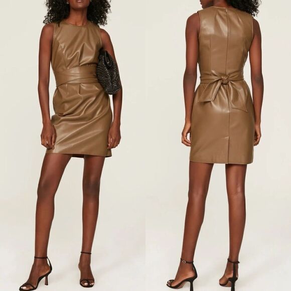 TOCCIN Dress Womens 12 Brown Faux Leather Sleeveless Mini Joan Wrap-Belt - Picture 1 of 10